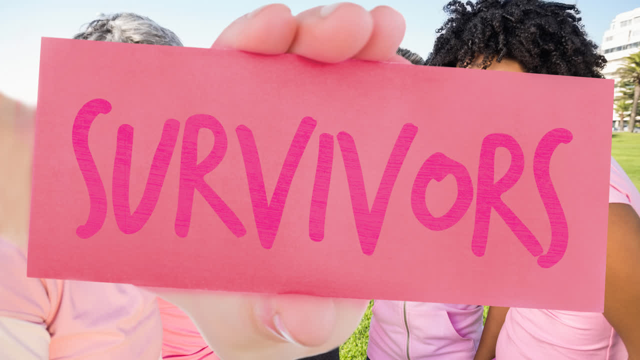 Animation of pink ribbon logo with survivor text over diverse group of smiling women