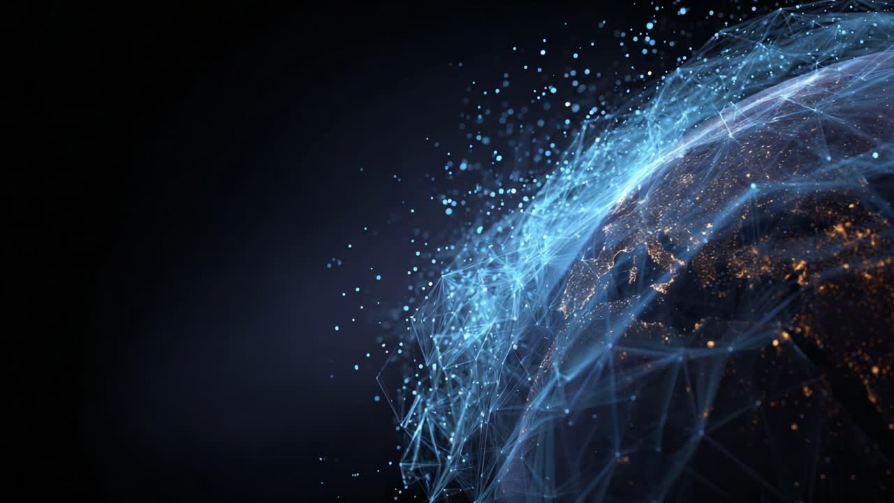 A Stunning Visualization of a Glowing Earth Surrounded by a Dynamic Network of Particles and Connections Illustrating the Future of Technology and Computing