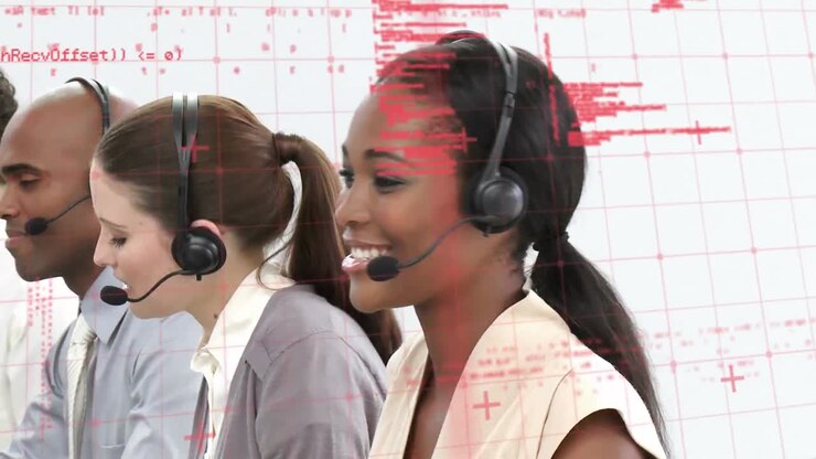 Animation of data processing over business people using phone headsets