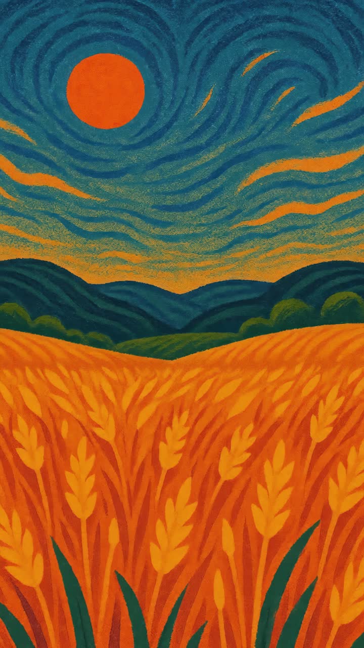 Vibrant illustration of a wheat field under a swirling sky at sunset