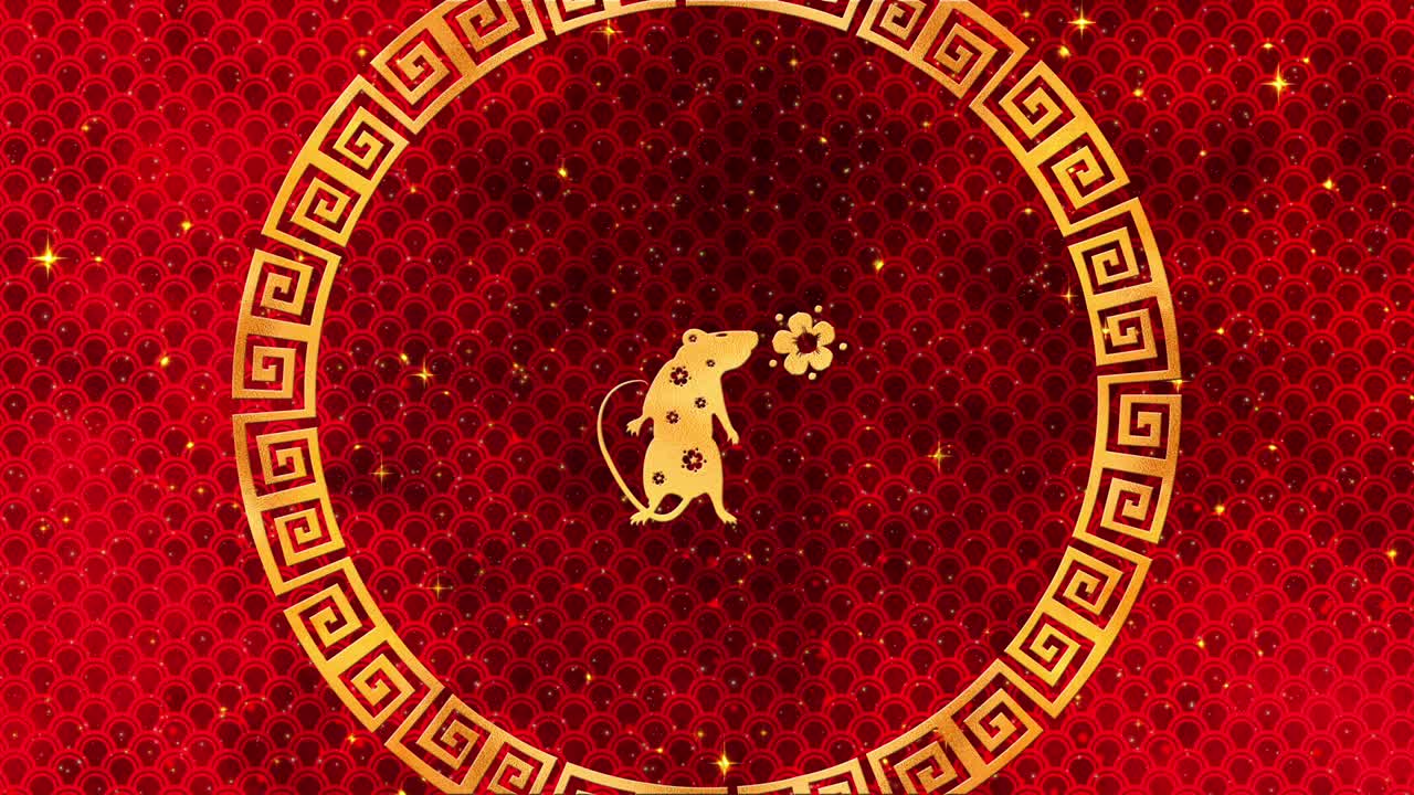 fondo de año nuevo chino rojo con oro, rata, fuegos artificiales, estrellas relucientes 3d rendering bucle 4k. mágica feliz año nuevo animación