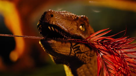 static close up of a velociraptor robot holding a tree branch with mouth