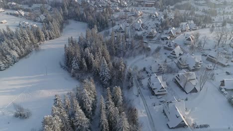 panoramic view of the snow capped town of zakopane at the foot of the alpine mountains of tatra in poland