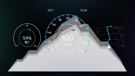 animation of vehicle dashboard displaying speedometer, battery level, and temperature