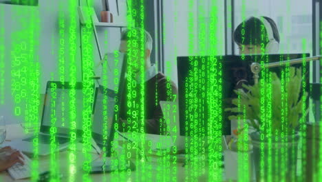 animation of binary coding data processing over diverse business people in office