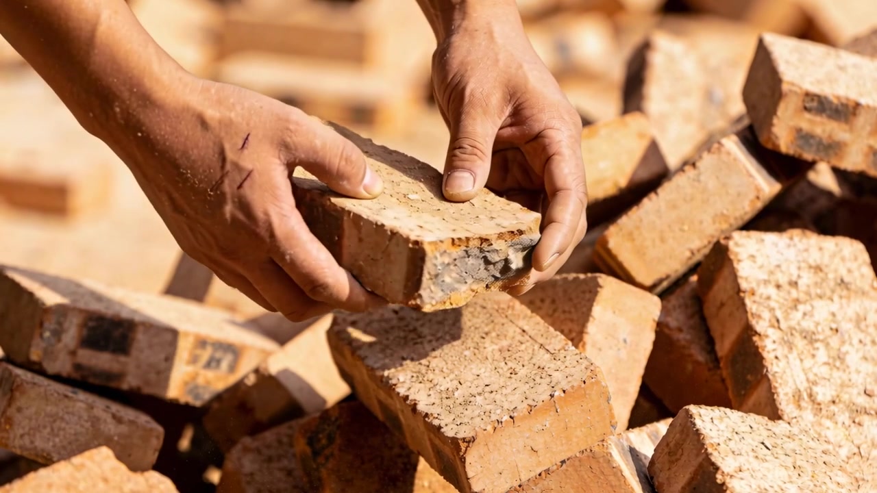 Reaching pile in work yard, bare hands sorting intact and chipped bricks, removing chip, stacking