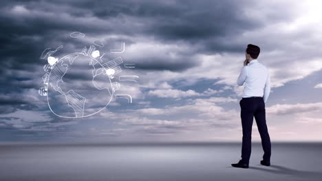 un hombre de negocios mirando una tormenta de ideas en el desierto.