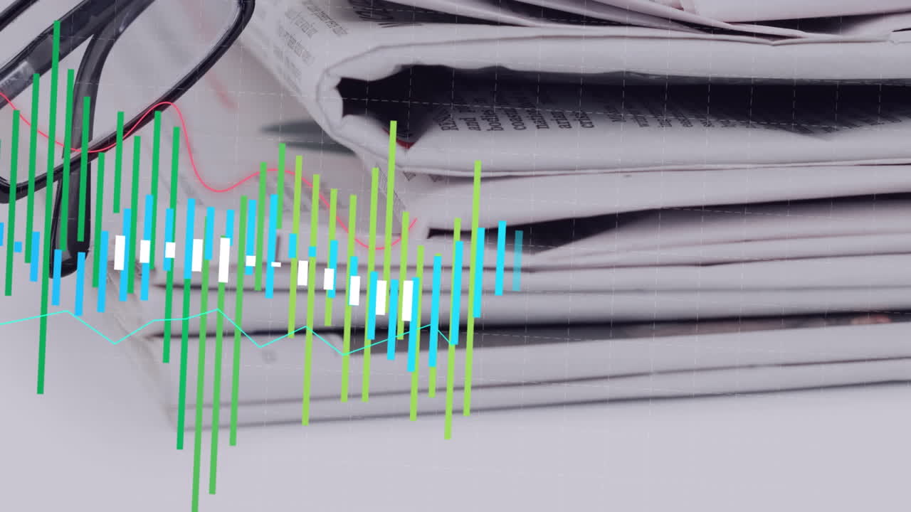 animación de múltiples gráficos sobre gafas y periódicos en el escritorio