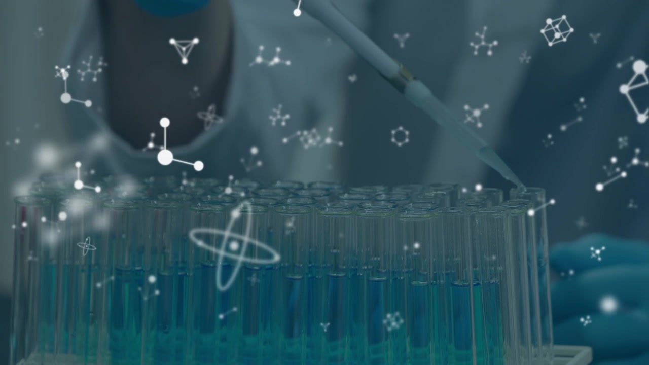 Animation of molecules over caucasian scientist in lab