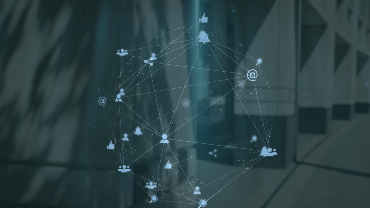 Animation of connected icons forming globe over big pillars of building in background