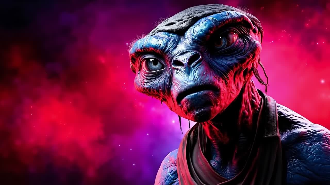 A close up of an alien with a red and blue background