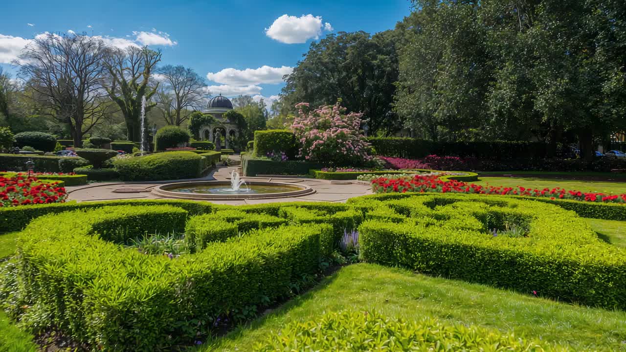 Zoomende Kamera, die Parterre und einen zentralen Springbrunnen mit Wasser im Garten zeigt, um den Pavillon hervorzuheben
