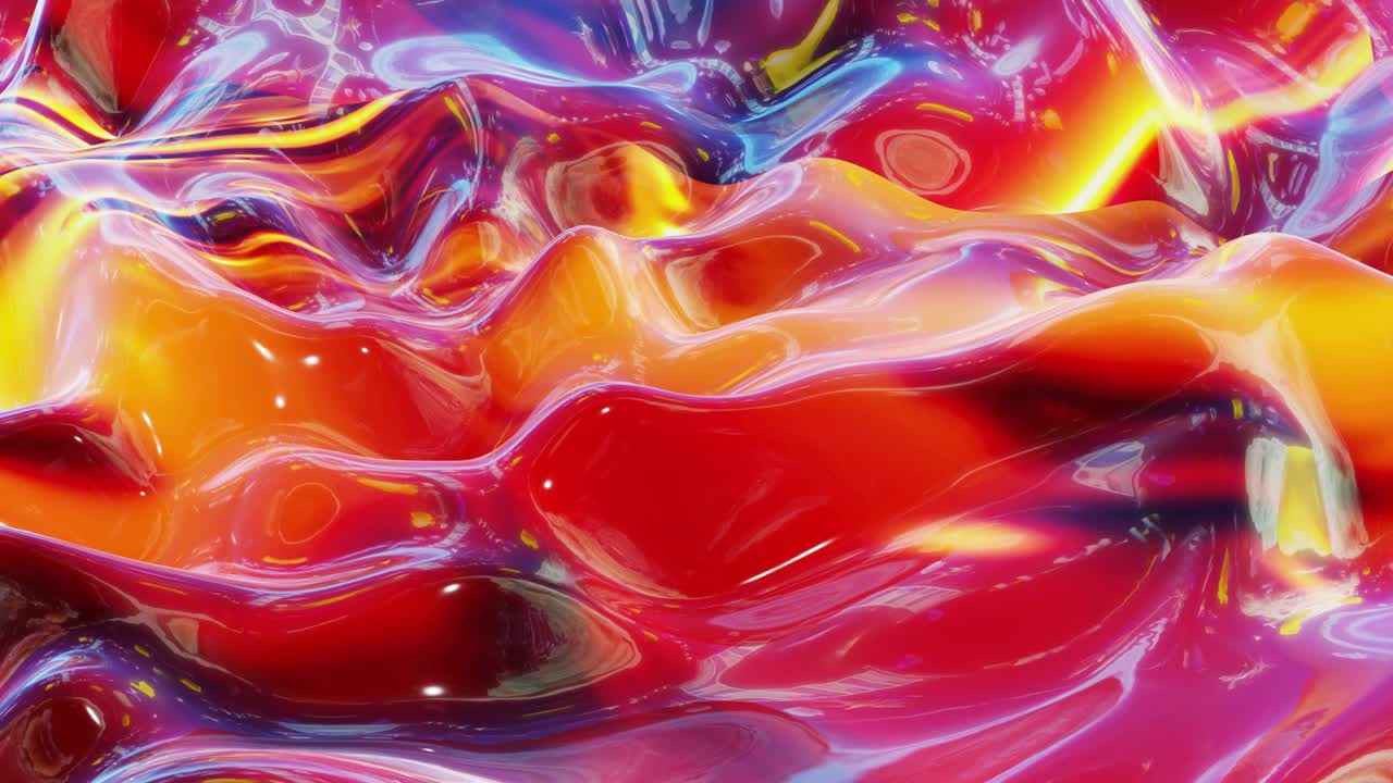Liquid red yellow orange pattern like waves in looped motion. 3D stylish abstract bg of wavy surface like brilliant liquid marble with beautiful gradient colors. 4k trendy colorful fluid animation.