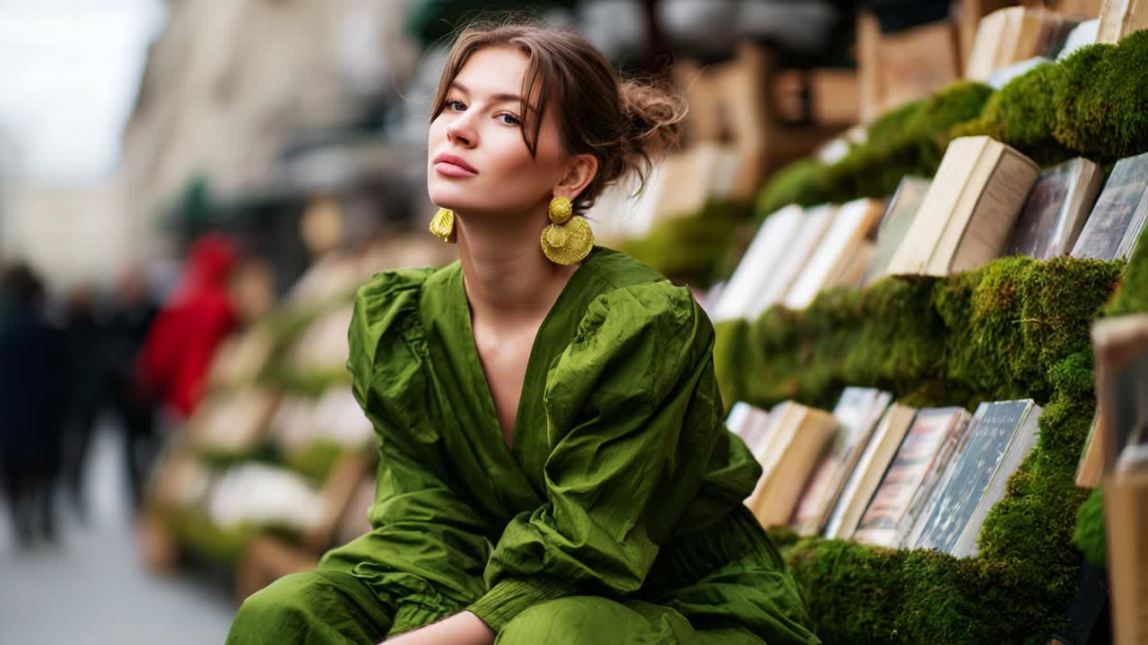 Una giovane donna con un elegante abito verde posa pensierosa tra una scenografica varietà di libri in un mercato all'aperto, mostrando stile e vivace vita urbana