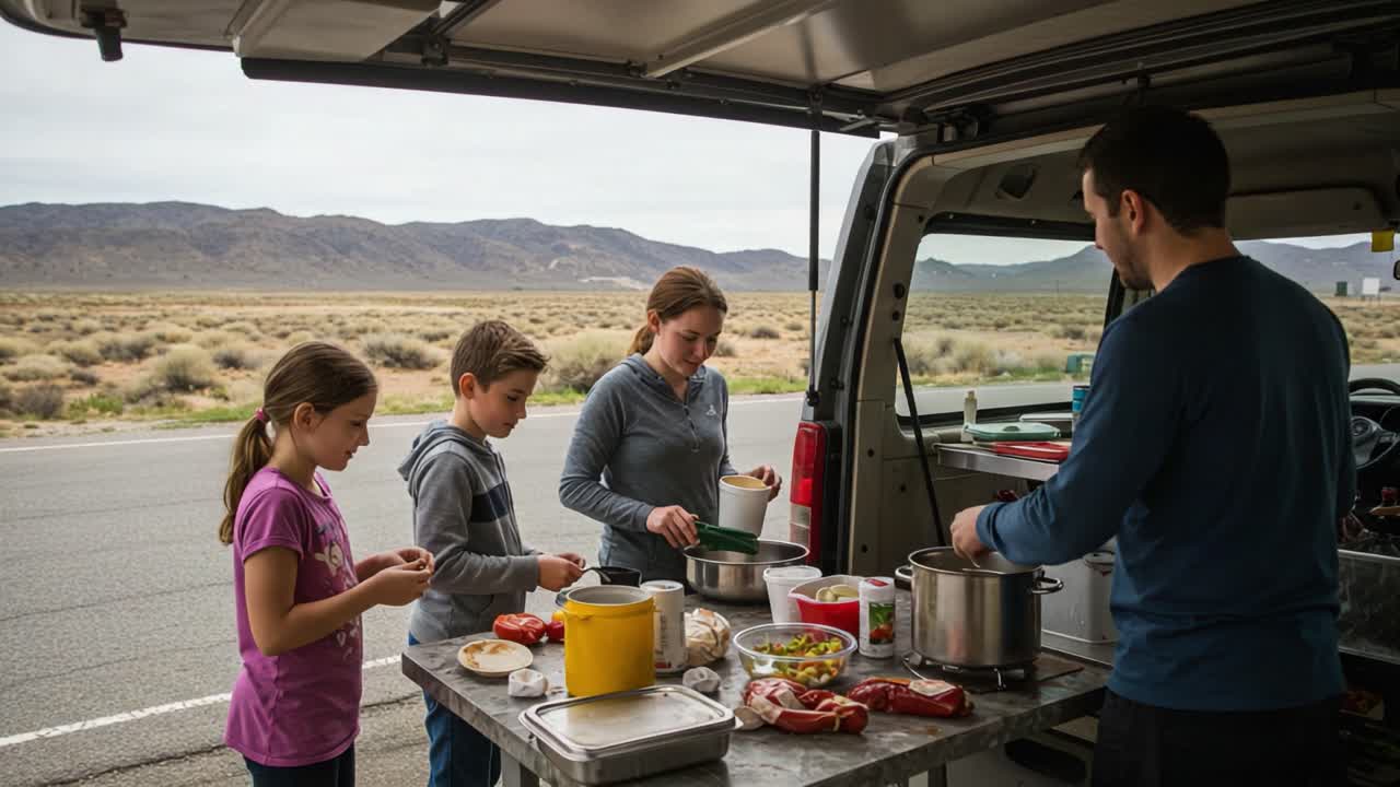 A Family Cooking Together Outdoors: Enjoying Quality Time while Preparing a Meal by the Open Road in a Scenic Desert Landscape