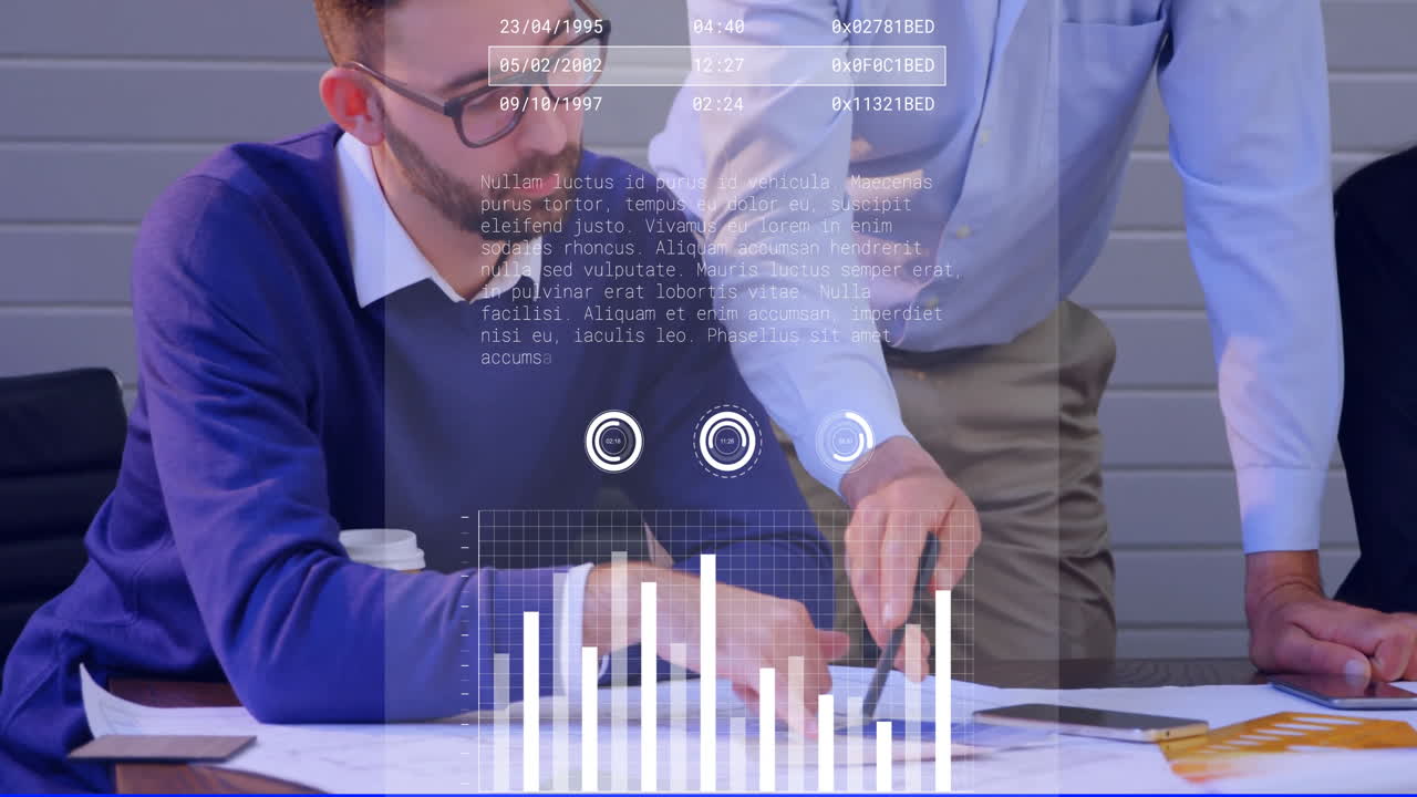 analizar gráficos y gráficos de datos animación, profesionales de negocios discutiendo documentos en la oficina