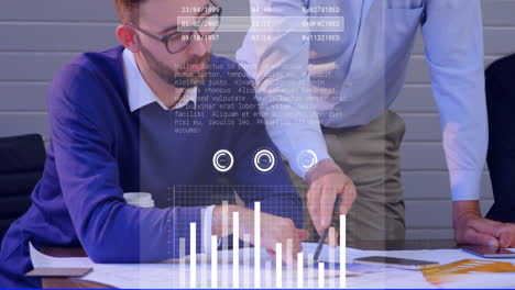analyzing data charts and graphs animation, business professionals discussing documents in office