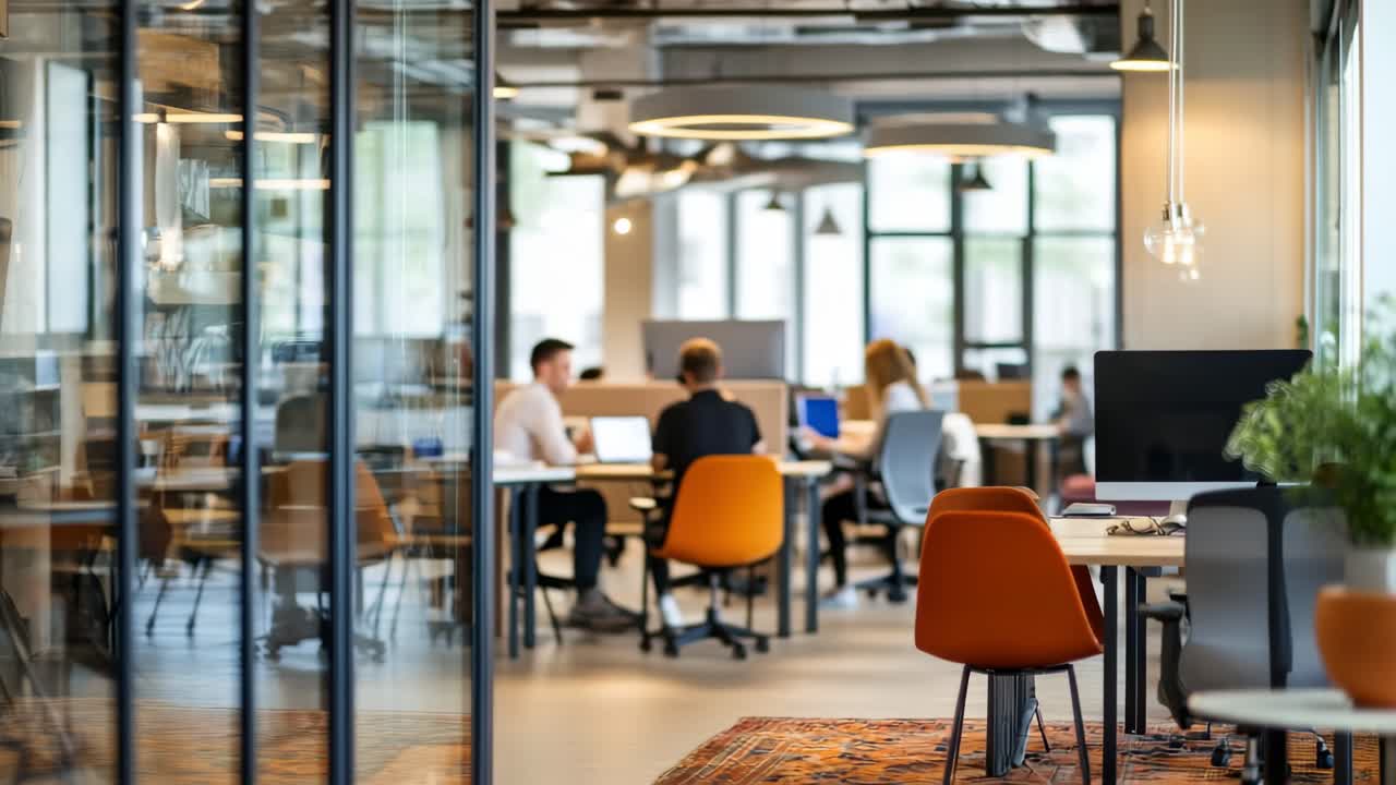Wide-angle shot of a modern office with a focus on collaboration
