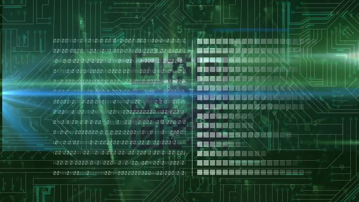 Animation of data processing over glowing computer circuit board