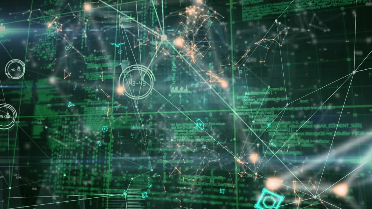 Animation of network of connections and data processing, on black