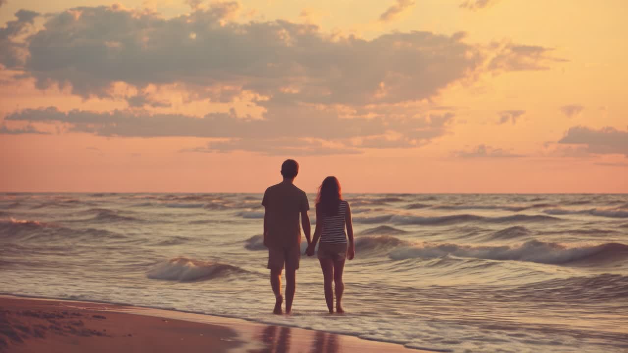 A Romantic Sunset Stroll along the Shore: Capturing the Intimate Connection between Two Lovers Walking Hand in Hand by the Ocean's Edge