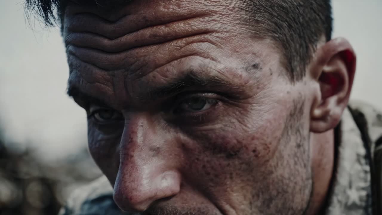 Weathered soldier facing camera, grime covered face revealing exhaustion and resilience during military deployment, capturing war's harsh personal impact