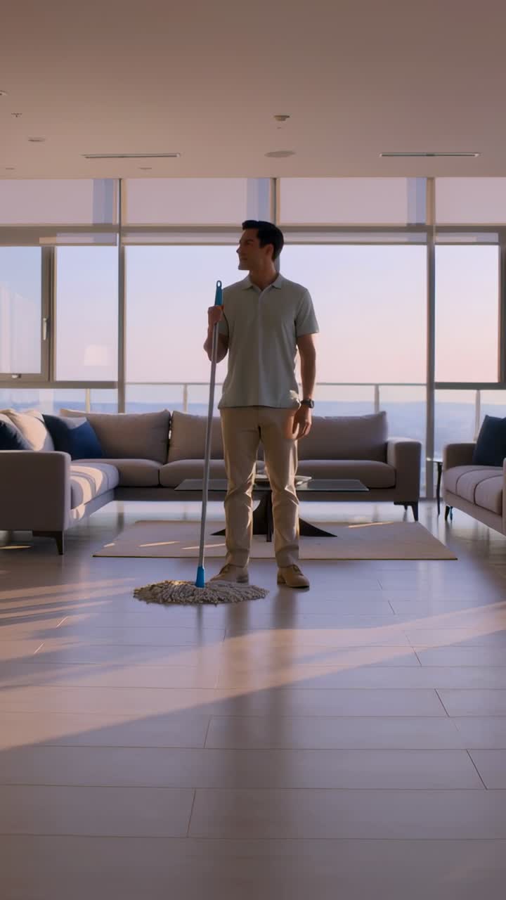 Vertical video: Holding blue mop, man in polo shifting and scanning living room to check progress