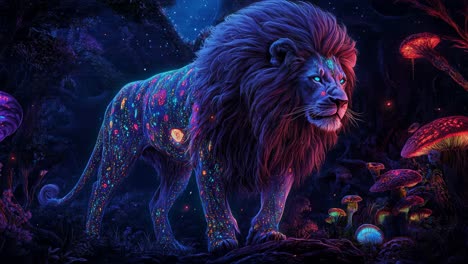 glowing lion in a magical forest at night