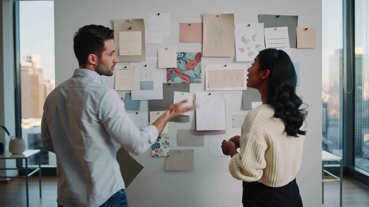 Uomo in camicia che sistema e osserva una carta, mentre una donna con un top color crema organizza una moodboard da ufficio, definendo il layout