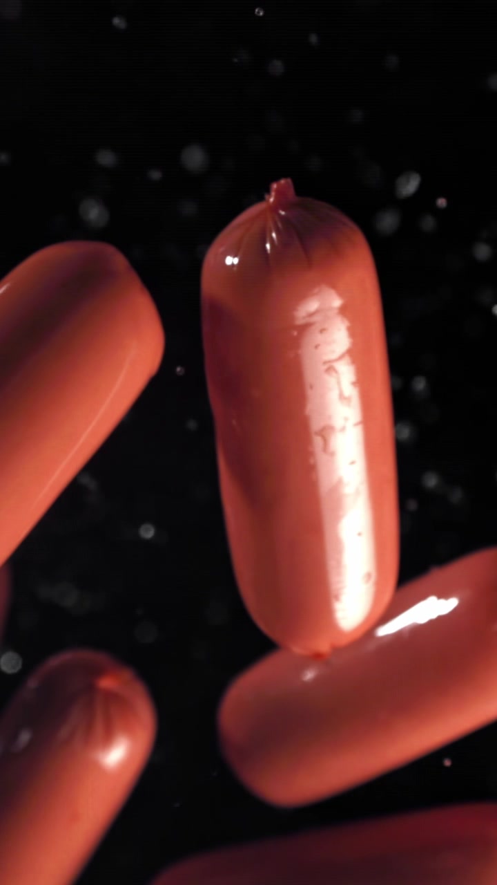 Mini salsicce rosse che galleggiano al rallentatore su sfondo scuro
