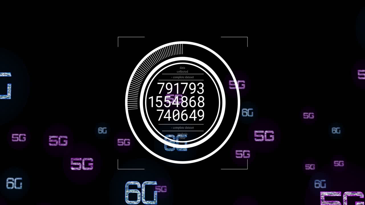 Animation of digital interface with 5G and 6G text on dark background