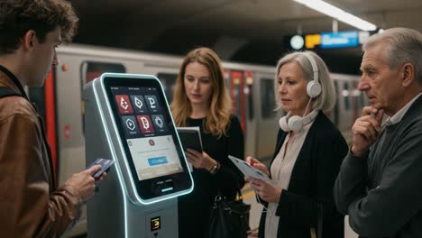 a group of individuals engaged with a modern interactive kiosk at a transportation hub, showcasing technology in daily commuting environment