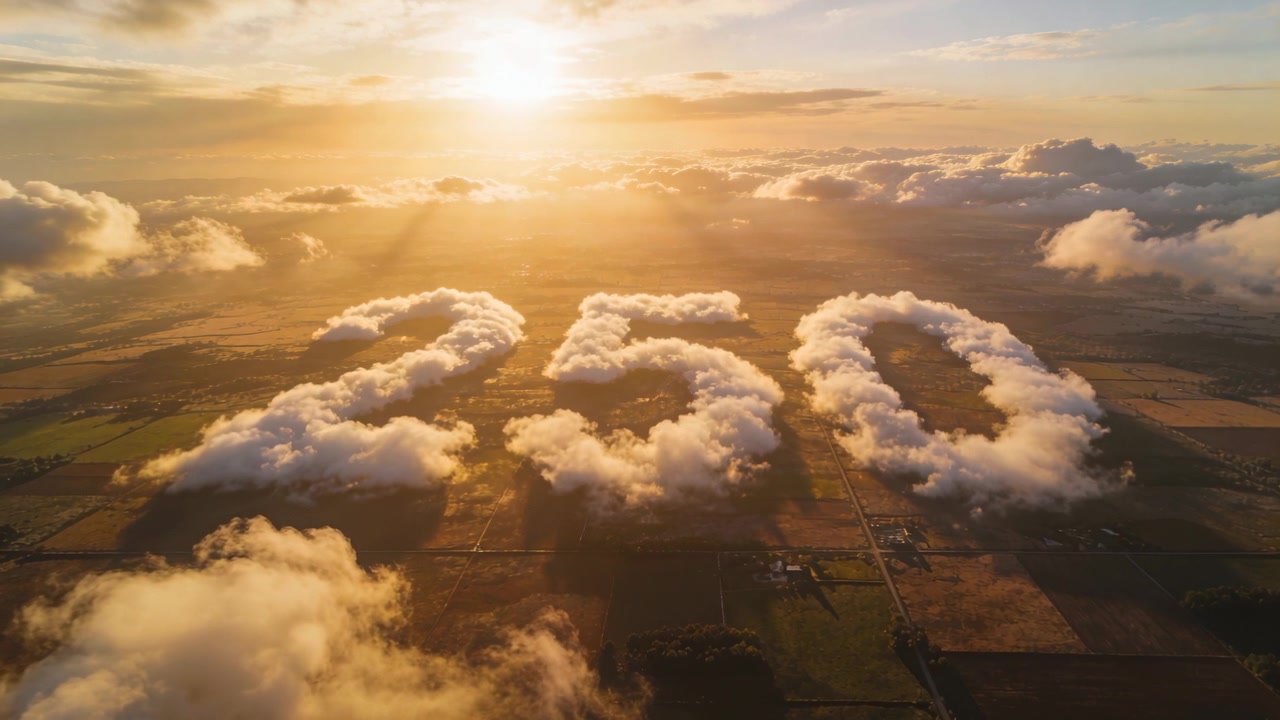 Schwebende Kameradrohne enthüllt Wolkenziffern 250 über ländlichen Feldern, tiefstehende Sonne wirft lange Schatten.