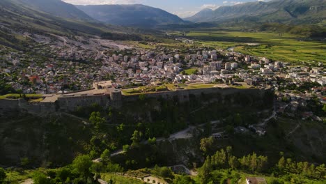 Flying-around-Gjirokaster-Fortress-Castle-during-sunset-in-Albania