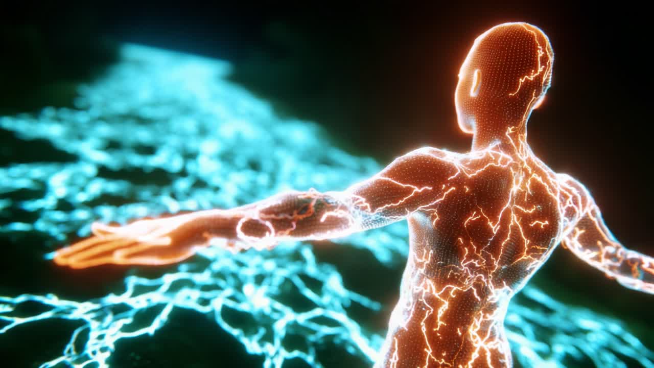A Futuristic Representation of a Human Figure Illuminated by Electric Currents, Demonstrating the Fusion of Technology and Art in a Stunning Virtual Environment with Luminous Streams and Dynamic Energy Flow