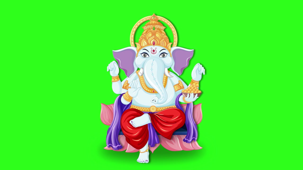 Una colorata divinità elefante a cartone animato appare e si siede su un fiore di loto su sfondo green screen.