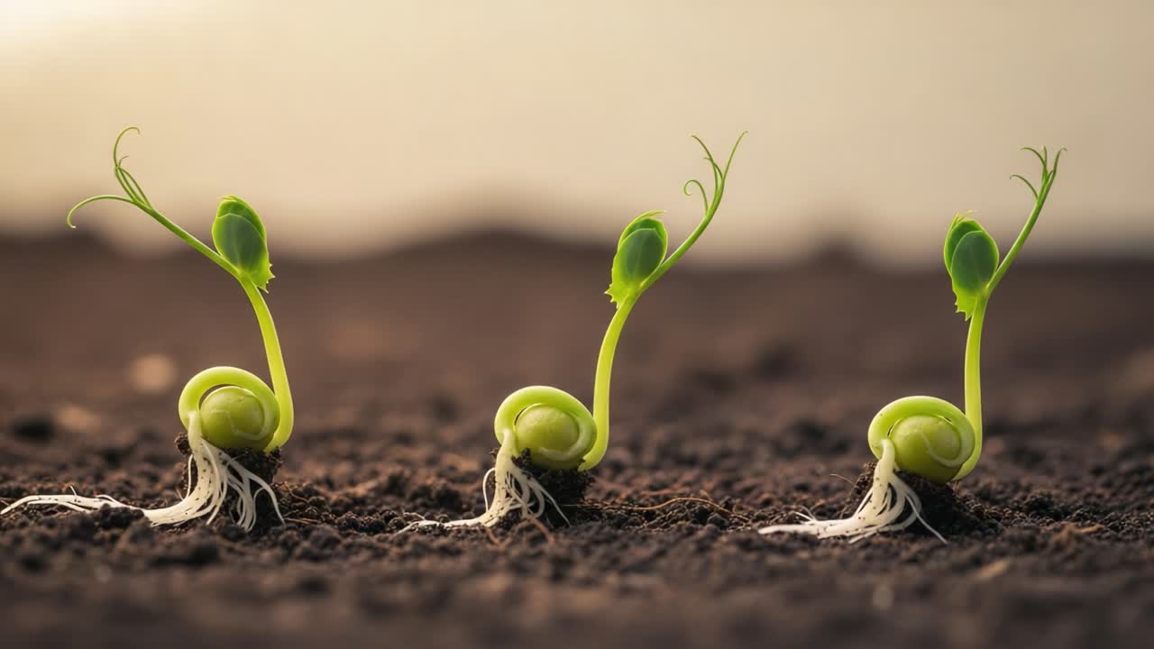Three Young Seedlings Sprouting from Dark Soil