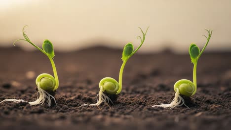 three young seedlings sprouting from dark soil
