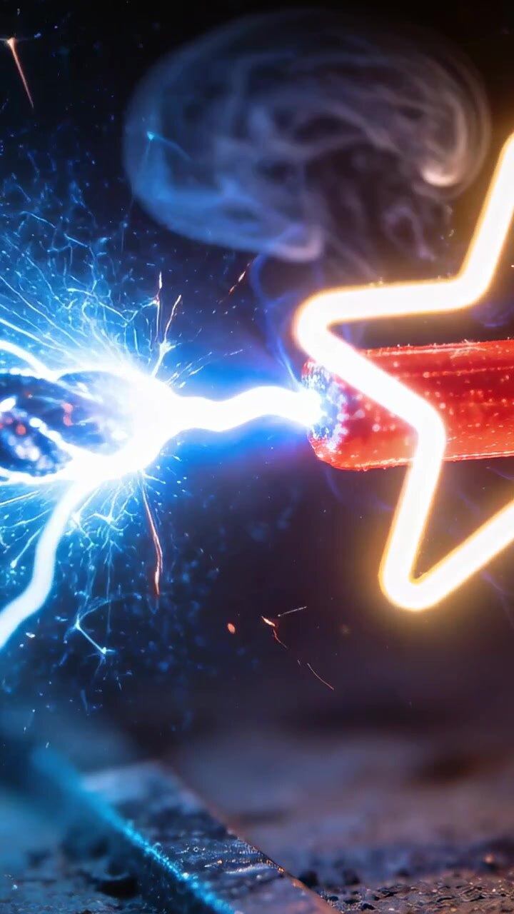 Video verticale: Elettrodo con punta rossa che tocca una stella al neon per un test in laboratorio, con un arco blu che scintilla.