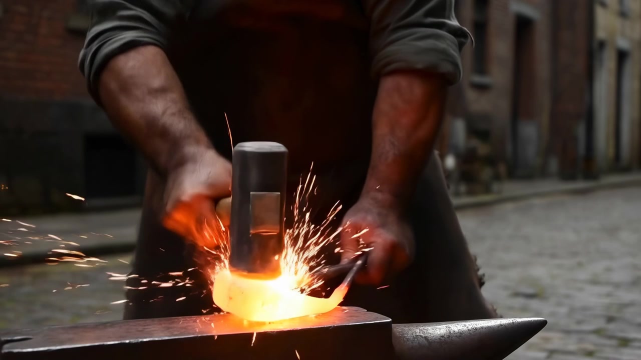 Close view of a blacksmith using tongs and a hammer to shape a glowing metal piece on an anvil inside a rustic workshop, with warm firelight, smoke, and a
