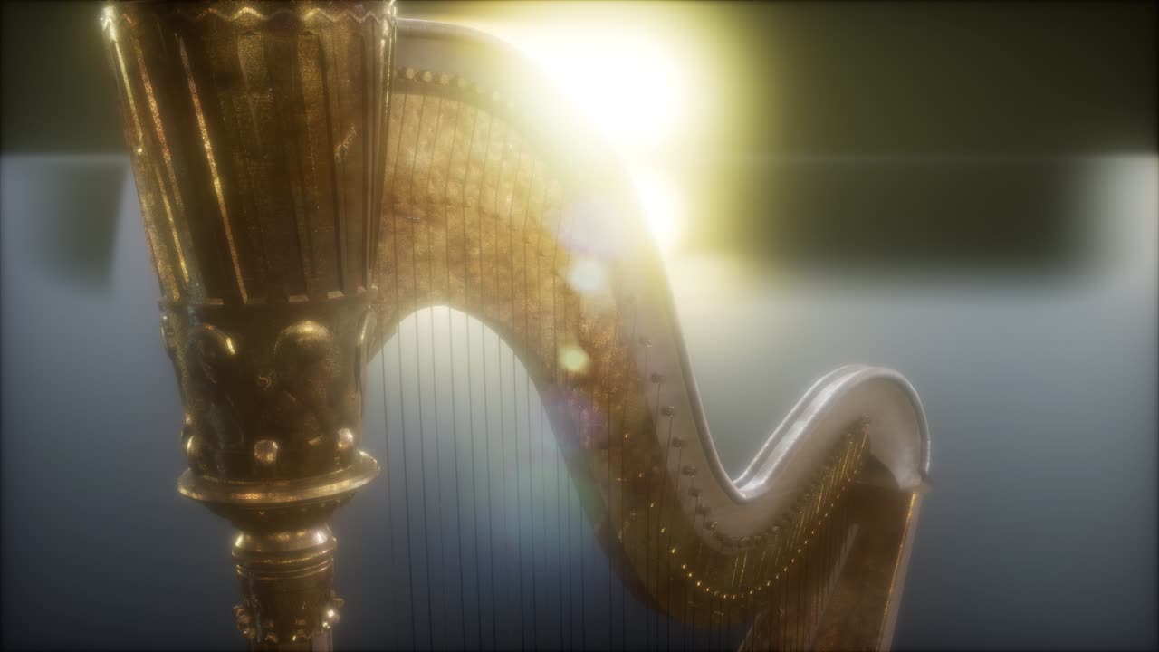 Harp instrument in dark with bright lights