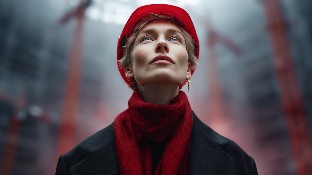 A Confident Professional Woman in a Red Scarf and Helmets Captures Attention Amidst an Under-Construction Industrial Setting Filled with Cranes and Dramatic Lighting