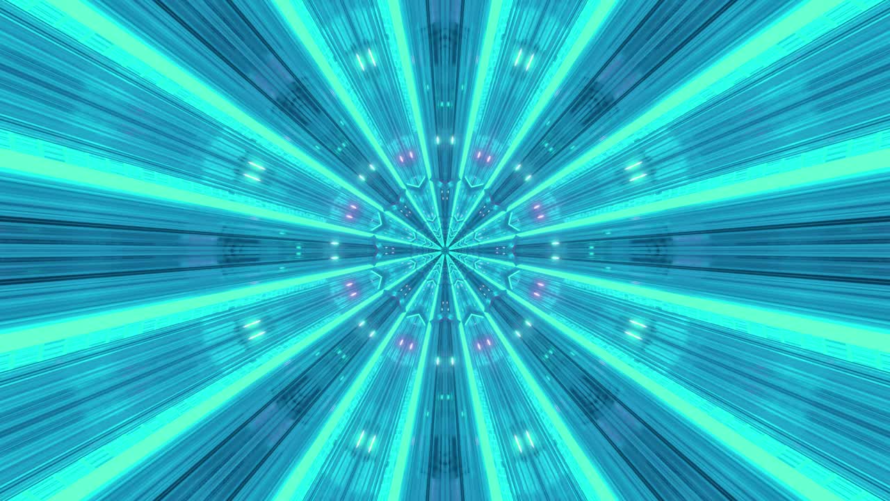 VJ loop flight in an endless tunnel of turquoise blue and pink light rays and star shapes