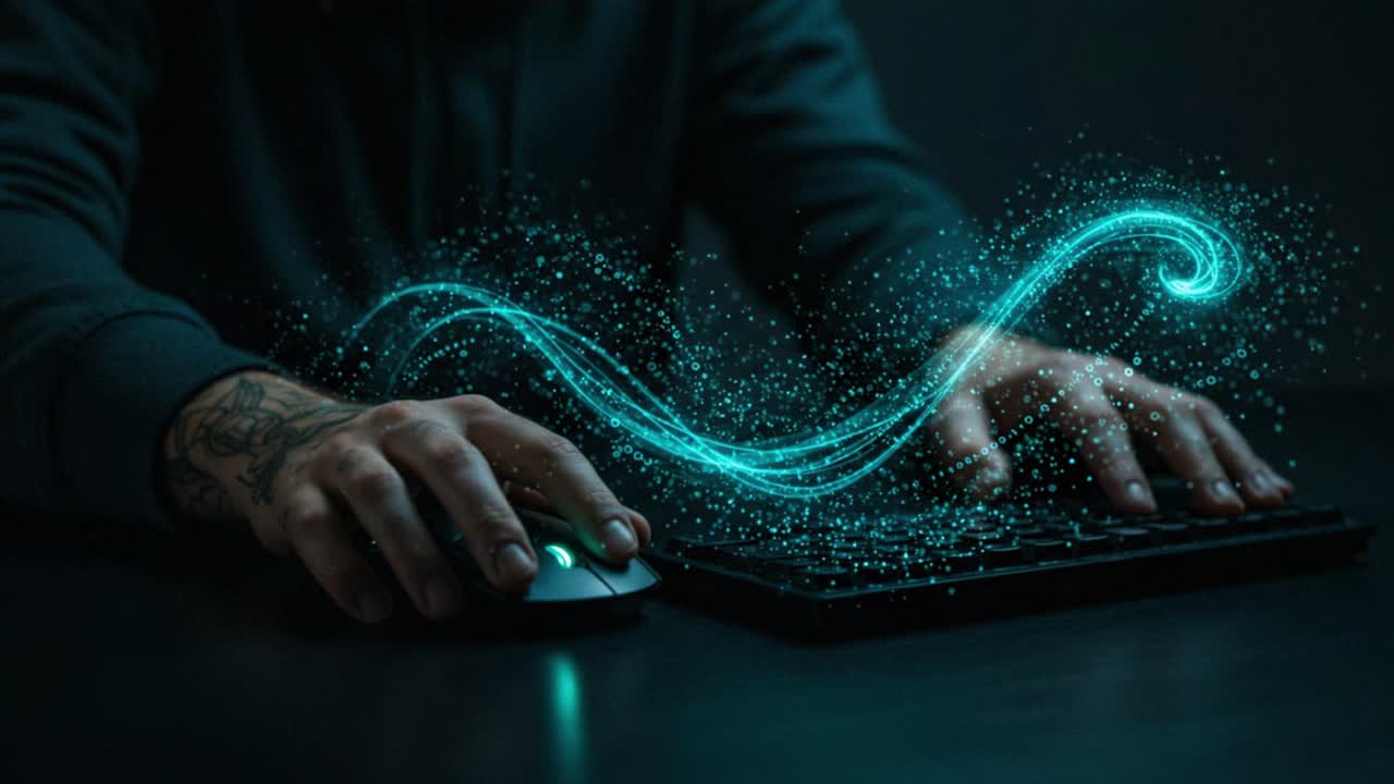 Creative digital art focuses on hands using computer mouse and keyboard with glowing effects in a dark environment