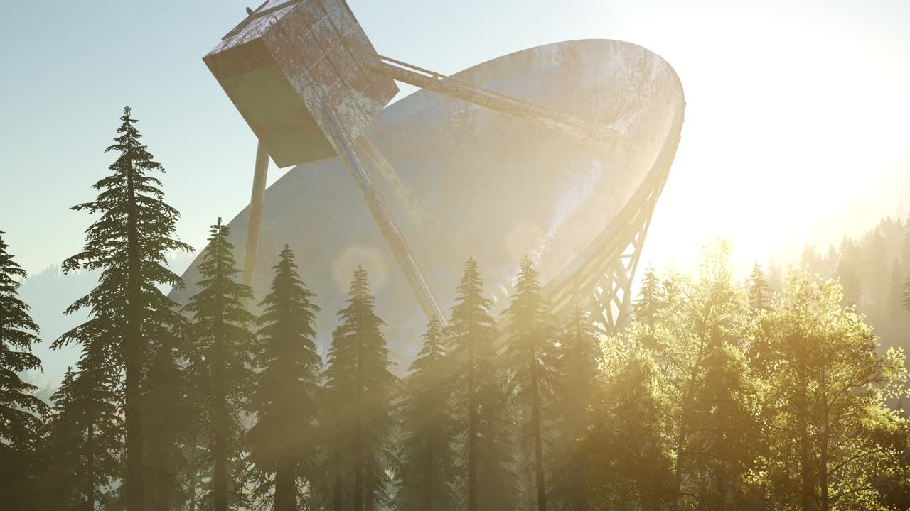 해가 지는 날 숲 속 에 있는 천문대 라디오 망원경