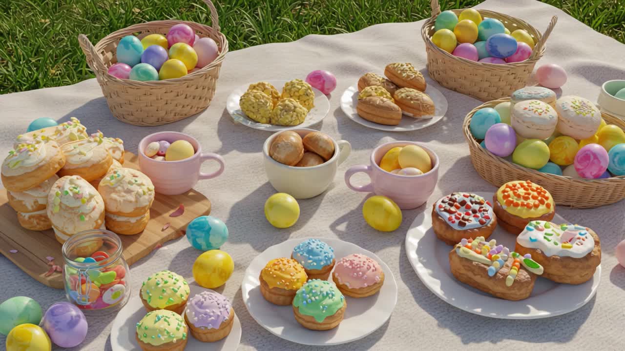 A Vibrant Spring Gathering: Colorful Donuts and Eggs Spread Across a Picnic Blanket Surrounded by Lush Green Grass for a Festive Celebration