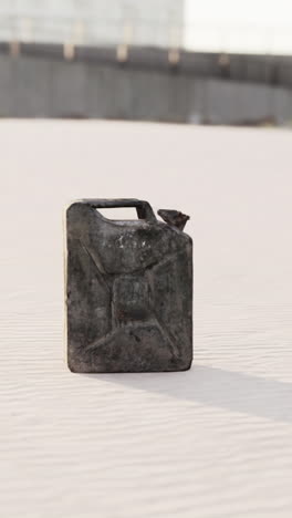 rusty jerrycan on white sand