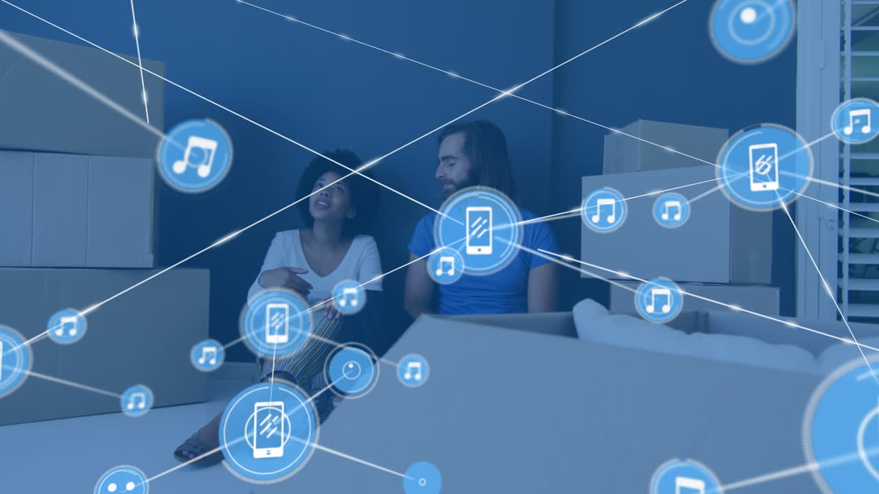 Animation of network of connections with icons over diverse couple moving house