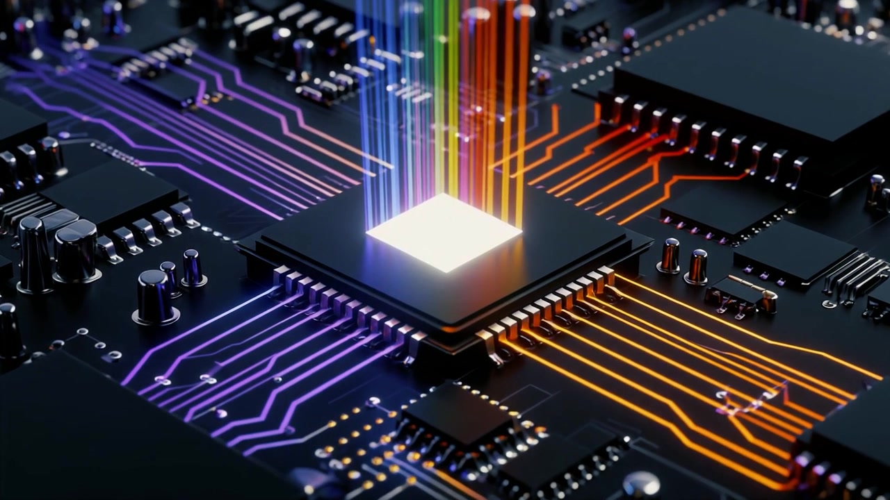 Central Processing Unit udsender farverige lysstråler på et kredsløbskort.