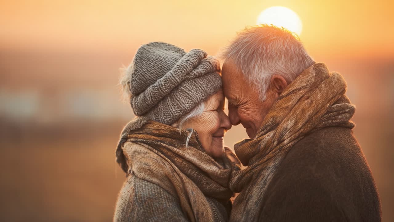 Un commovente momento d'amore: due anziani si abbracciano contro un tramonto mozzafiato in una tenera dimostrazione di affetto e connessione.